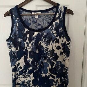 St. John Navy and White Floral Sleeveless Knit Tank Top